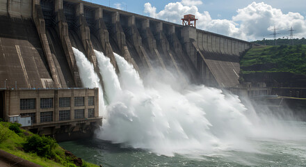 Concrete dam releases powerful streams through vertical spillways into river below, surrounded by greenery and cloudy sky in a dramatic water management scene.