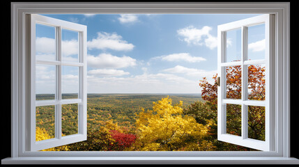 An open window revealing the beauty of a vibrant autumn landscape.