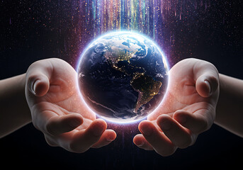 Hands gently cradle a glowing Earth with radiant light streaks above, symbolizing global care, unity, and the flow of energy and connection.