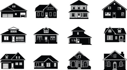 Vector collection of black silhouette suburban houses with garages, front facades, architectural details, minimalist style, and residential designs