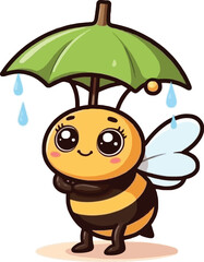 Obraz premium Cute cartoon bee under a green umbrella in the rain
