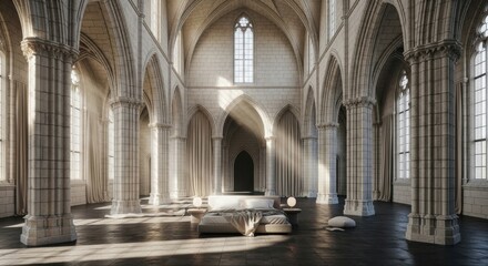 Fototapeta premium Majestic Gothic Cathedral Interior with Sunlight Beams