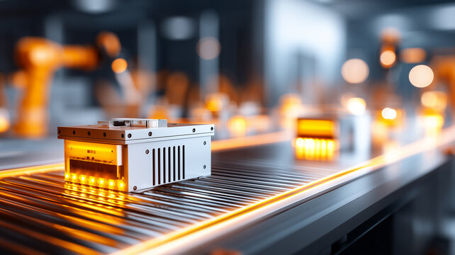 Robotic smart module traveling on an illuminated conveyor inside an advanced factory, symbolizing industry transformation through intelligent automation, predictive control, and reliable electronics p
