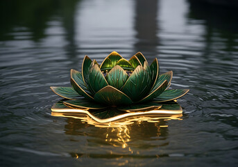 Glowing artificial lotus with golden-edged green petals floats on rippling water, creating a serene and artistic nighttime ambiance.
