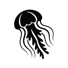 Stylized black silhouette of a jellyfish with flowing tentacles