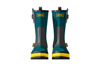 A pair of teal and black waterproof boots with yellow accents stands out against a black background.