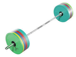 Cast Iron Olympic Adjustable Barbell with 50kg plates, weightlifting gym equipment, side view, isolated on white background. 3D illustration