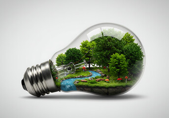 Miniature forest with stream and mushrooms enclosed inside a transparent light bulb, symbolizing eco-conscious innovation and harmony between nature and technology.