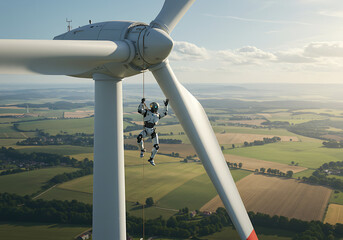 Humanoid robot suspended by rope performing maintenance on wind turbine, showcasing automation in renewable energy infrastructure.