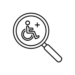 Magnifying glass over a person in a wheelchair with a plus sign