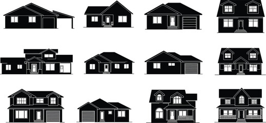 Vector set of black silhouette minimalist suburban residential houses with garages, front views, architectural details, and simple modern design