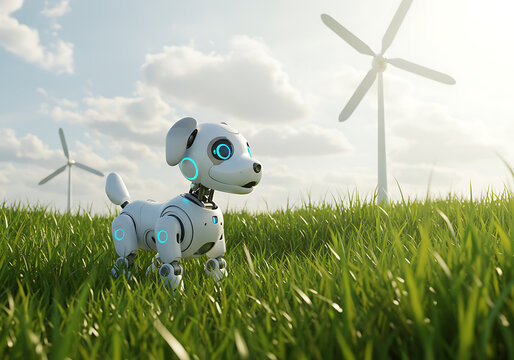 A robotic dog with glowing blue lights stands in a grassy field under sunlight, with wind turbines in the background symbolizing technology and renewable energy.