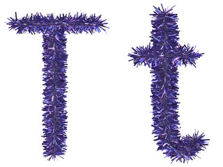 Shiny purple tinsel in letter T. 3d rendering.