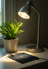 Desk lamp shines on a solar panel beside a potted plant, illustrating indoor energy generation using artificial light in a minimalist setup.