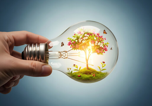 Hand holding a glowing light bulb containing a blooming pink tree, butterflies, and grass, symbolizing harmony between nature and innovation. - Powered by Adobe