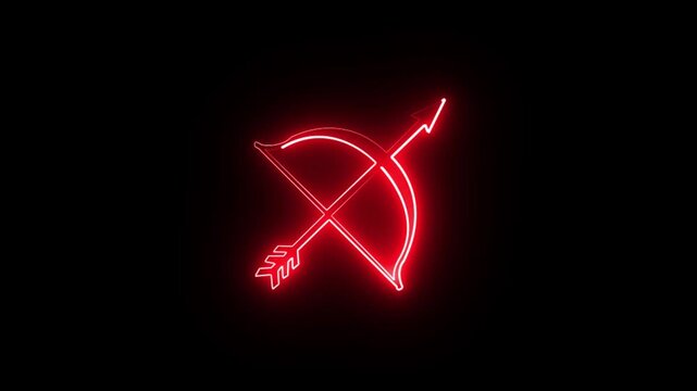 Glowing neon line Medieval bow and arrow icon isolated on black background. Medieval weapon. Motion video icon.