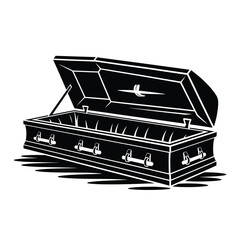 Open coffin with ornate details and handles isolated on white background