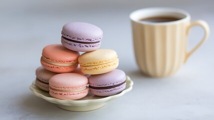 Obraz premium A Delightful Arrangement of Pastel Macarons with Coffee