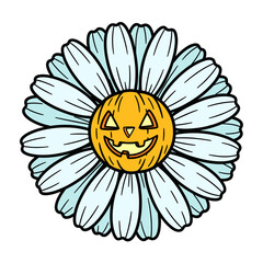 cute daisy flower with spooky Halloween pumpkin face in the middle, funny cartoon illustration