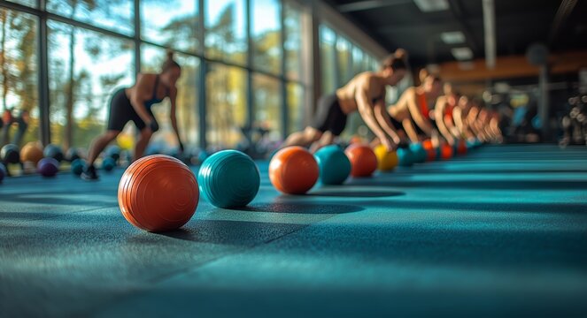 Group Workout With Colorful Exercise Balls in a Fitness Center During Daylight