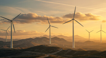 Fototapeta premium A wind farm with multiple turbines stands on a hilly landscape under a warm, glowing sunset with dramatic clouds in the sky.