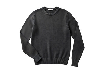A dark gray, textured knit sweater with contrasting sleeves is displayed against a black background.