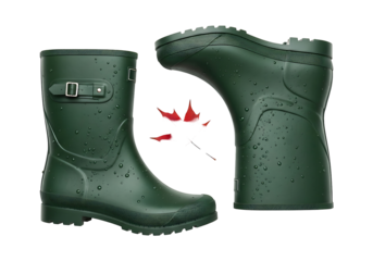 Two deep green rubber rain boots, featuring water droplets and a buckle, stand out against a black background.
