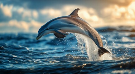 Fototapeta premium Dolphin Jumping Over Ocean Waves at Sunset During a Serene Marine Moment.