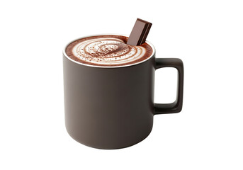 A dark-colored mug filled with rich hot chocolate, topped with a swirl of creamy foam and chocolate sprinkles, has a piece of chocolate on top.
