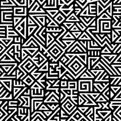 A dense, abstract black and white pattern composed of various geometric shapes, including triangles, squares, and lines, creating a complex and seamless maze-like design.