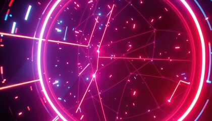 Vibrant abstract digital network featuring glowing red and blue lines, dots, and a large circular element, depicting technology, data, and global connectivity.