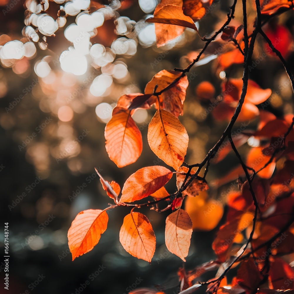 Wall mural a close up of autumn leaves on a tree branch with sunlight filtering through the foliage creating bo