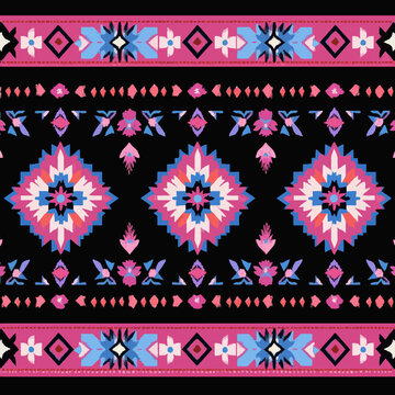 The background features a seamless modern decorative ethnic pattern that incorporates traditional American Indian motifs and Aztec tribal ornaments