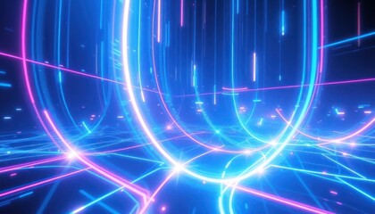 Naklejka premium Vibrant abstract digital network with glowing blue and pink lines, illustrating data flow, global connectivity, and futuristic technology. Ideal for business, science, and AI concepts.