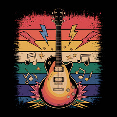 2d vector illustration art  Retro music guitar with symbol and rock music with colorful  background, Summer t shirt 
