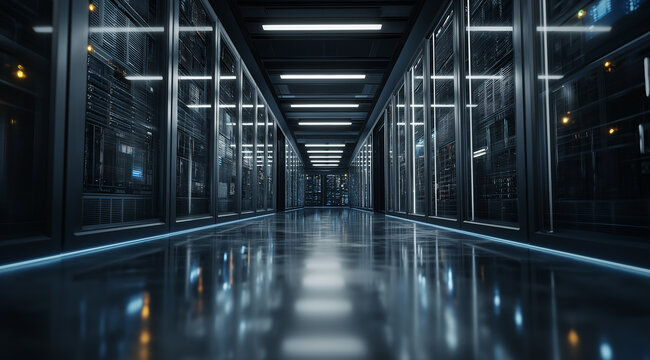 A dark data center with rows of high-performance, modern, and powerful server equipment. A very wide perspective shot, with no lights on in the room other than from some white light panels mounted