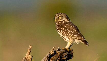 Alert Little Owl Perched on a Weathered Branch in Natural Habitat.