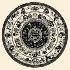 Obraz premium Mexican Mesoamerican monoliths, such as the Aztec sun stone, inspire tattoo and t-shirt designs that incorporate elements of the Mayan calendar and ancient hieroglyph signs and symbols