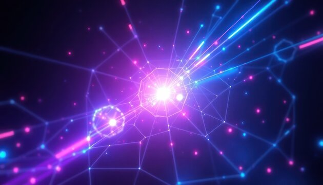 Abstract digital network with glowing lines and interconnected dots, creating a futuristic tunnel. Represents data, technology, and connectivity for business and science visuals.