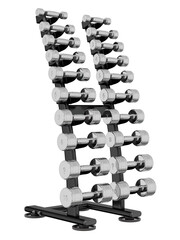 Gym Dumbbell rack, a stand for weightlifting gym equipment with different size and weight dumbbells, isolated on white background. 3D illustration