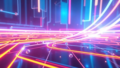 Dynamic digital landscape with glowing neon light trails representing data flow and connectivity. Ideal for technology, communication, and futuristic design concepts.