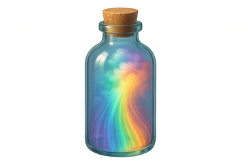 Rainbow and clouds swirling inside a transparent glass jar closed with a cork, on a transparent background