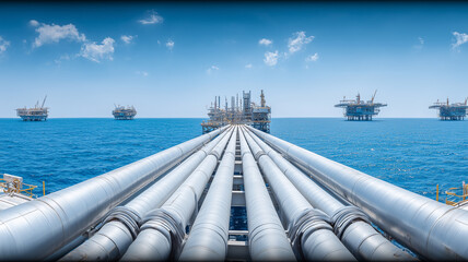 Offshore pipelines leading to energy platforms portraying global fuel supply logistics engineering resilience and critical infrastructure
