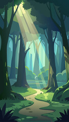 Sunlight streams through the forest trees