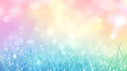 Obraz premium Fresh morning dew droplets on green grass, with blurred soft pastel colors in the background creating a calm atmosphere 