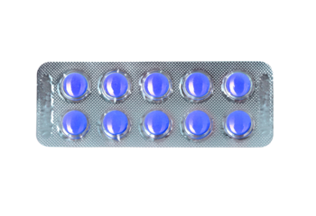 Blue pills in blister pack isolated on transparent background