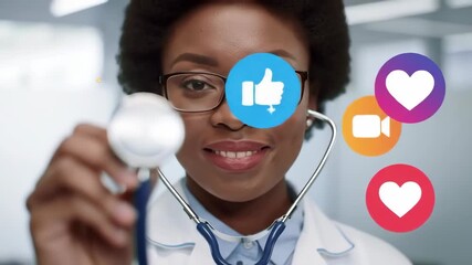 Doctor holds stethoscope, social media icons overlay, clinic background, telehealth - Powered by Adobe