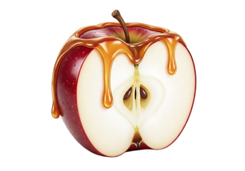 A visually appealing, realistic depiction of a halved  drizzled with caramel, showcasing vibrant colors and a delicious aesthetic.