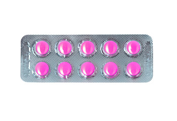Ten pink pills in a blister pack isolated on transparent background