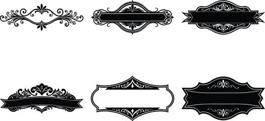 Vector art of set of six ornate vintage decorative frames and banners including luxury text
